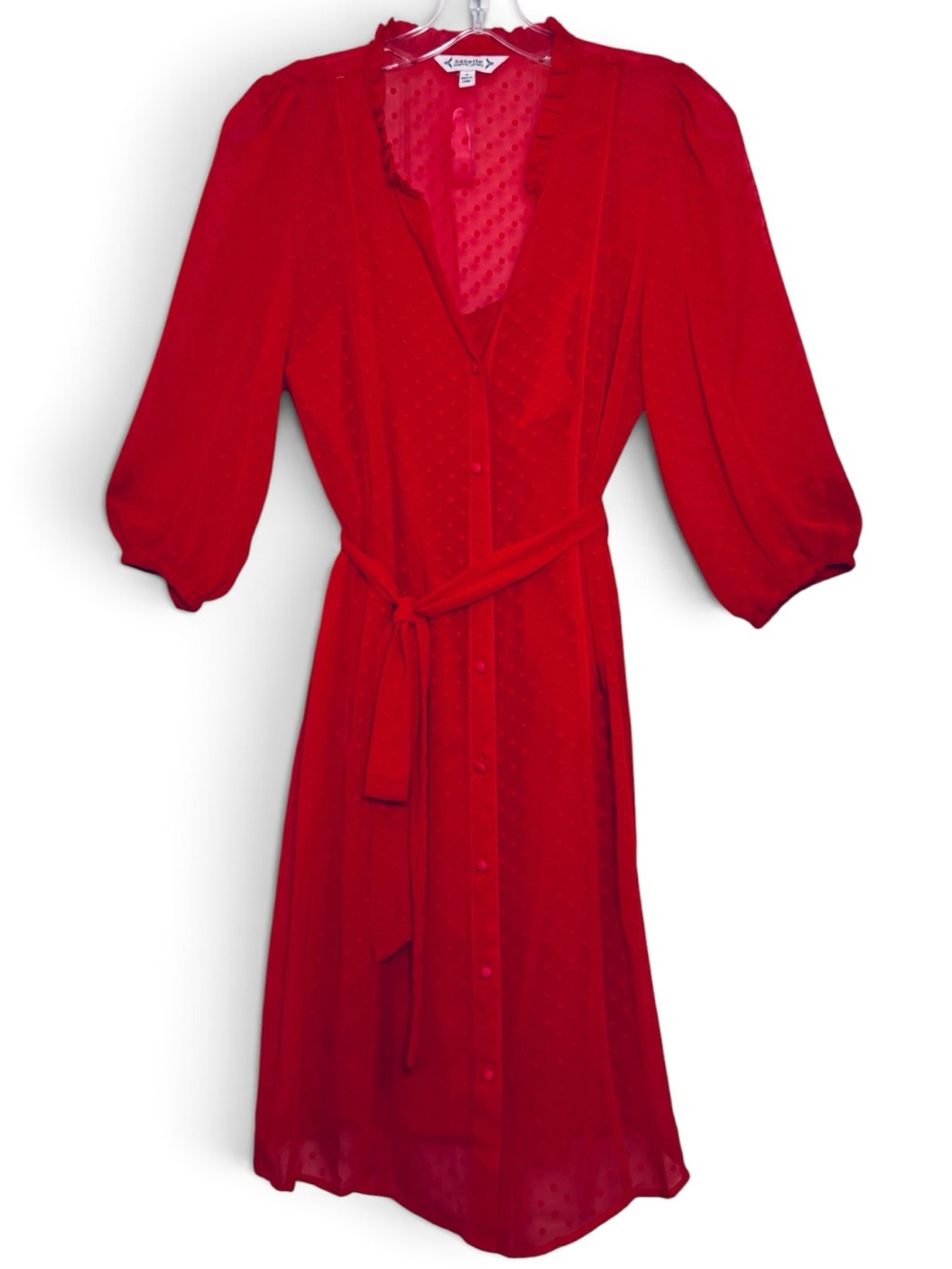 Nanette Lepore Red Swiss Dot Sheer Sleeve Belted Dress Size 6 Romantic Coquette - Picture 2 of 10